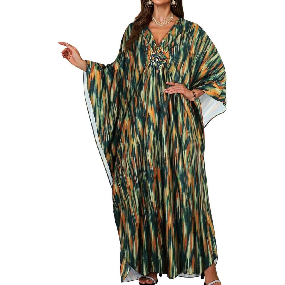 Women Green Orange Stripe V-Neck Batwing Sleeves Smocked Waist Maxi Kaftan Dress